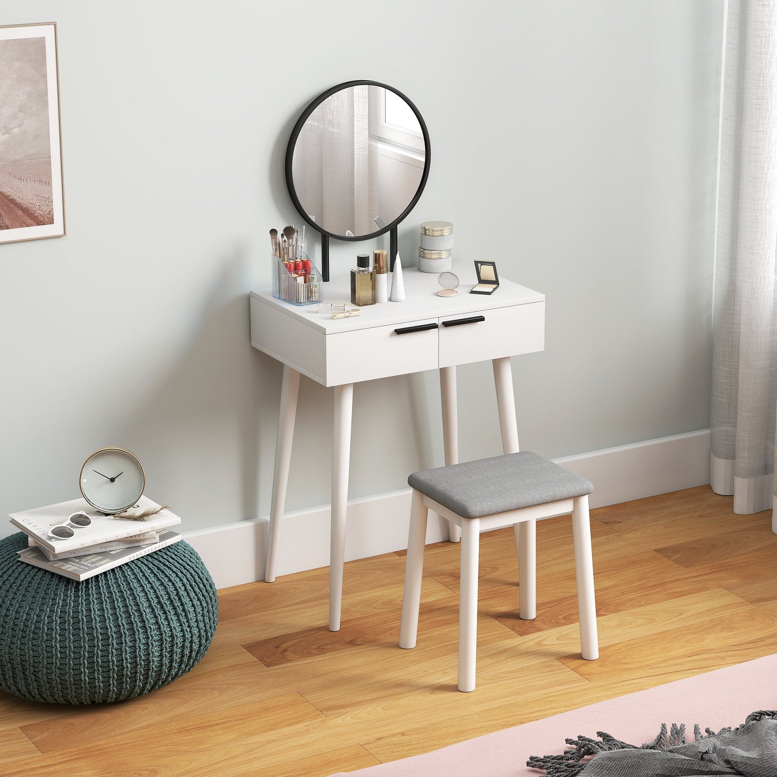 homcom modern dressing table with round mirror and stool makeup vanity table with 2 drawers for bedroom living room 60 x 40 x 123 cm white