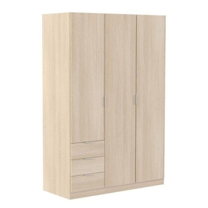 121cm oak effect 3 door wardrobe with 3 drawers