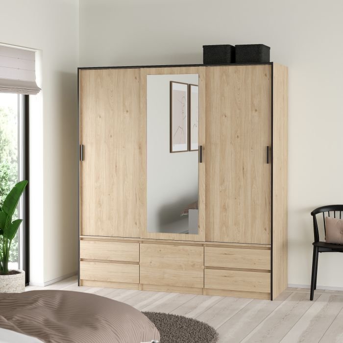 Lacoste jackson hickory oak 3-door mirrored sliding wardrobe, 181cm wide