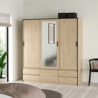 Sliding Wardrobe - LACOSTE 3 Doors Mirrored Wardrobe Jackson Hickory Oak 181cm