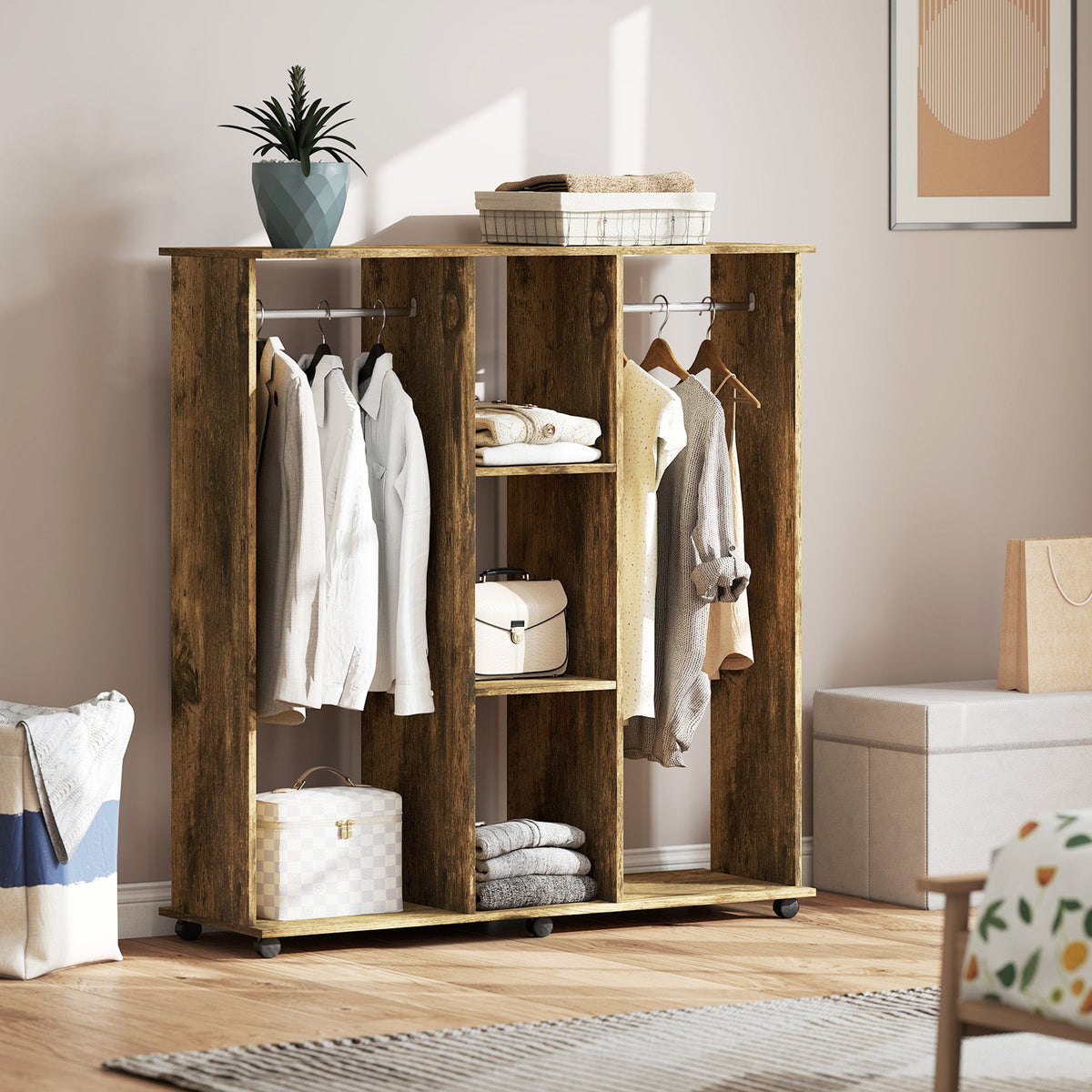 homcom open wardrobe double mobile storage shelves organizer w 6 wheels rustic brown