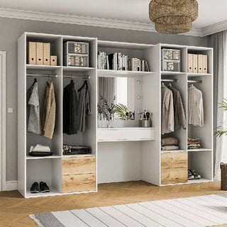 BRAVYN 300cm white 6-door wardrobe with natural oak drawer fronts and dressing table.
