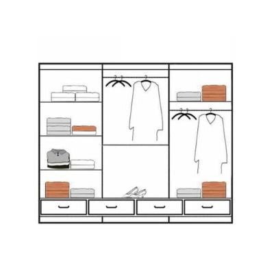 CHOICEWARDROBE black gloss 3-door sliding wardrobe line drawing with shelves and hanging space.