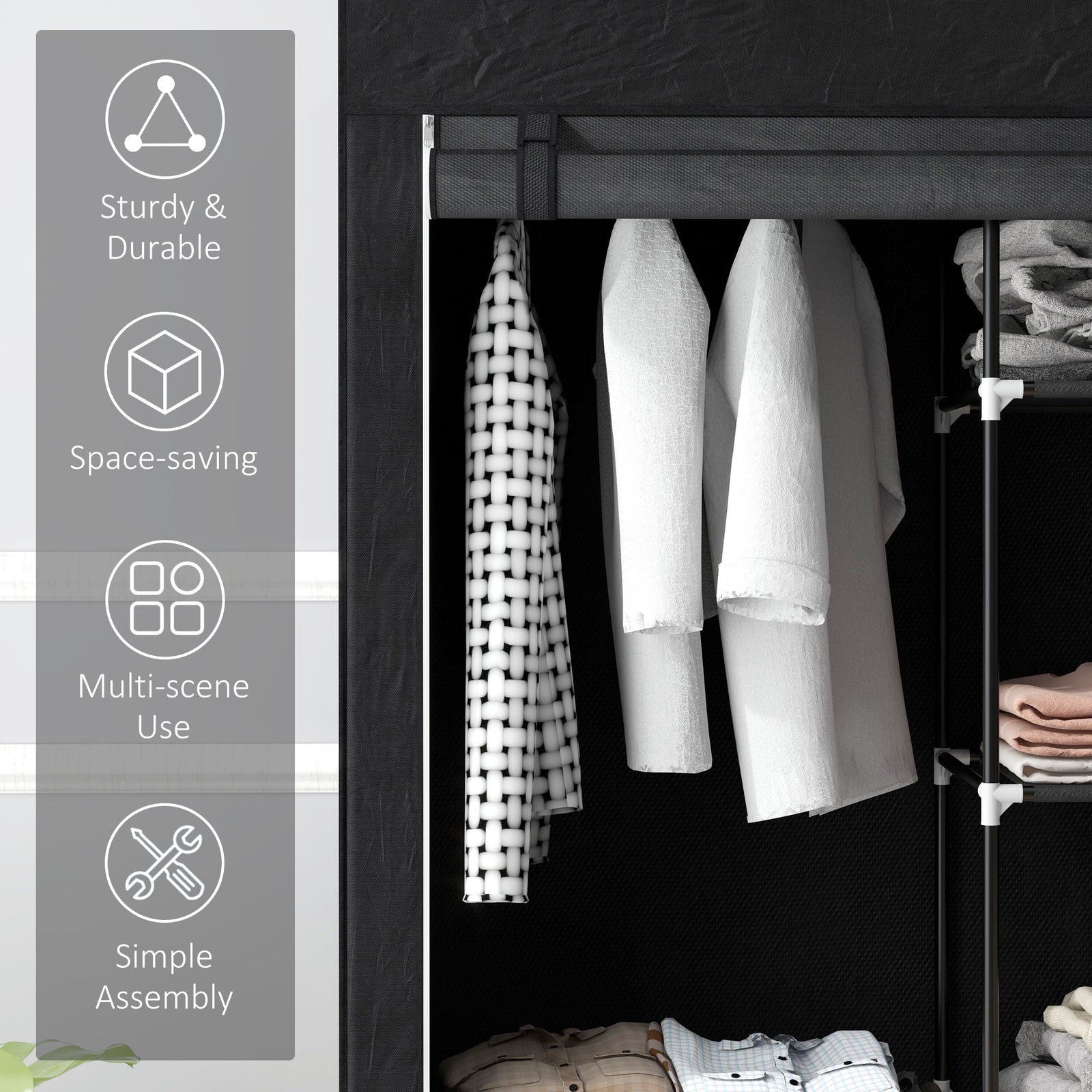 homcom fabric wardrobe portable wardrobe with 6 shelves 1 hanging rail foldable closets 103 x 43 x 162 5 cm black