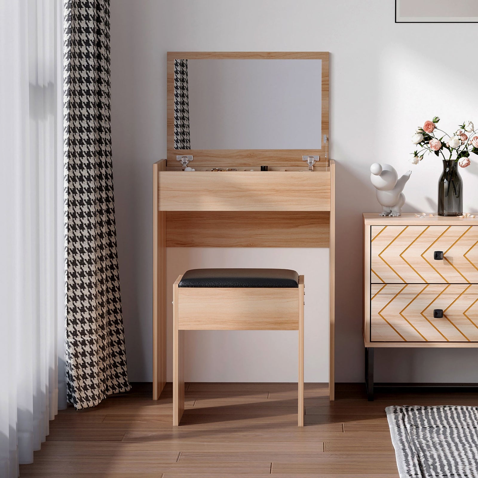 homcom dressing table with mirror and stool vanity makeup table with flip up mirror vanity desk with storage unit and padded seat wood