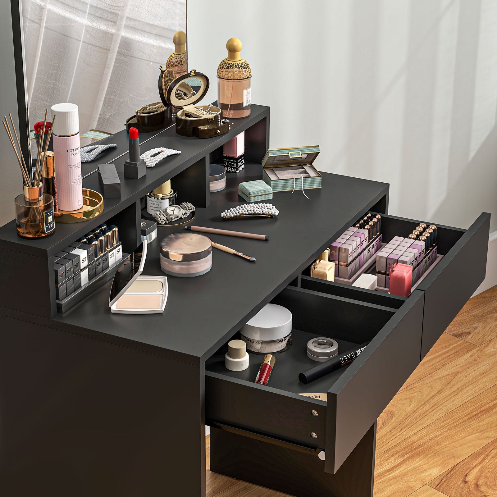 homcom multi storage dressing table with mirror black