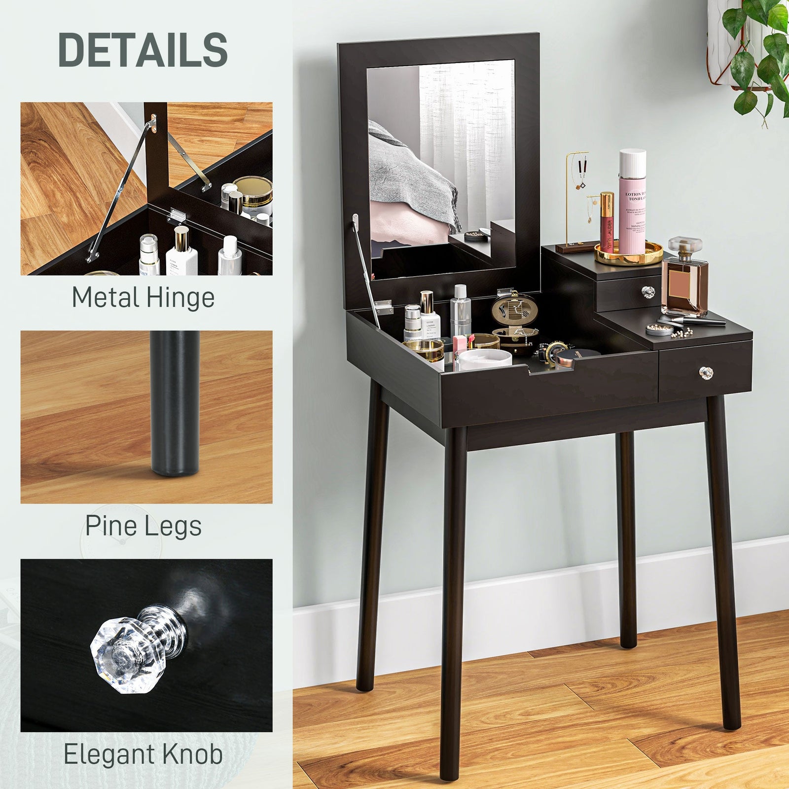 homcom dressing table with flip up mirror makeup desk with 2 drawers and pine wood legs vanity table writing desk for bedroom living room black