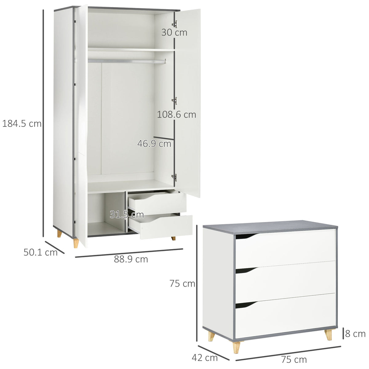 homcom bedroom furniture set wardrobe with hanging rail 3 drawer chest of drawers with cut out handles grey and white