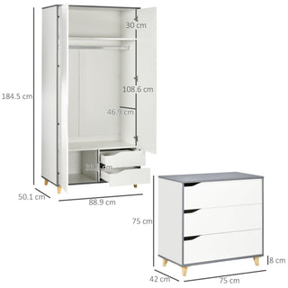 homcom bedroom furniture set wardrobe with hanging rail 3 drawer chest of drawers with cut out handles grey and white