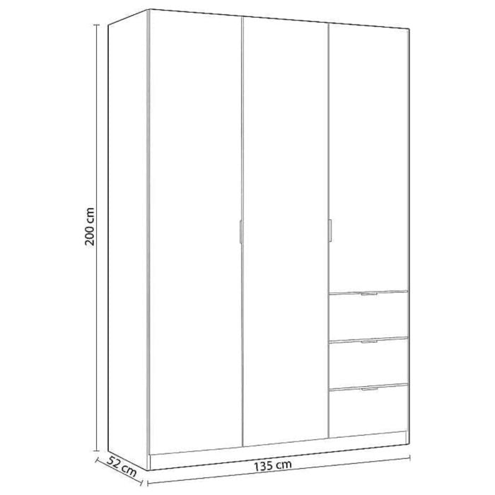 Line drawing of HARVEY 3 door oak effect wardrobe with 3 drawers. Dimensions: 200cm H x 135cm W x 52cm D.