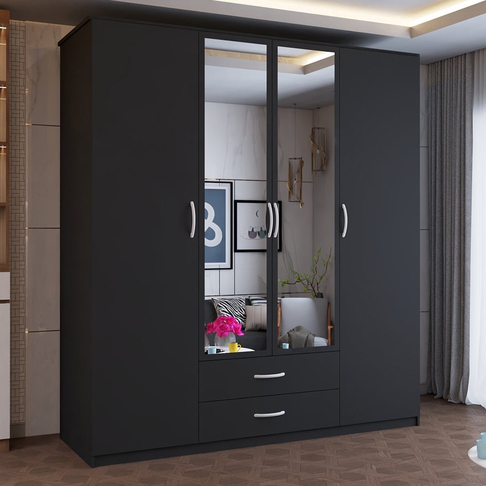 CHOICEWARDROBE London Black Finish 4-door hinged wardrobe with mirrored centre doors and two drawers.