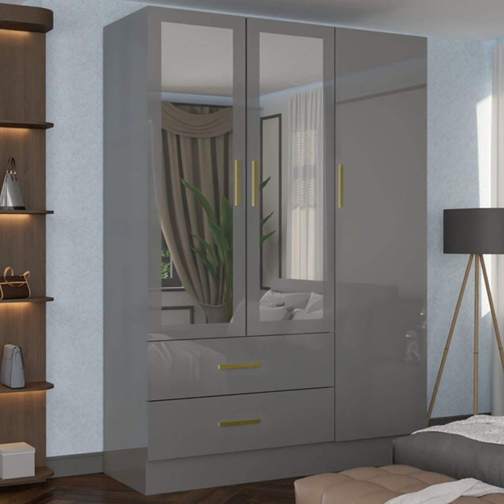 Grey high gloss 3-door wardrobe with mirrored panels and gold handles, showing 2 drawers.