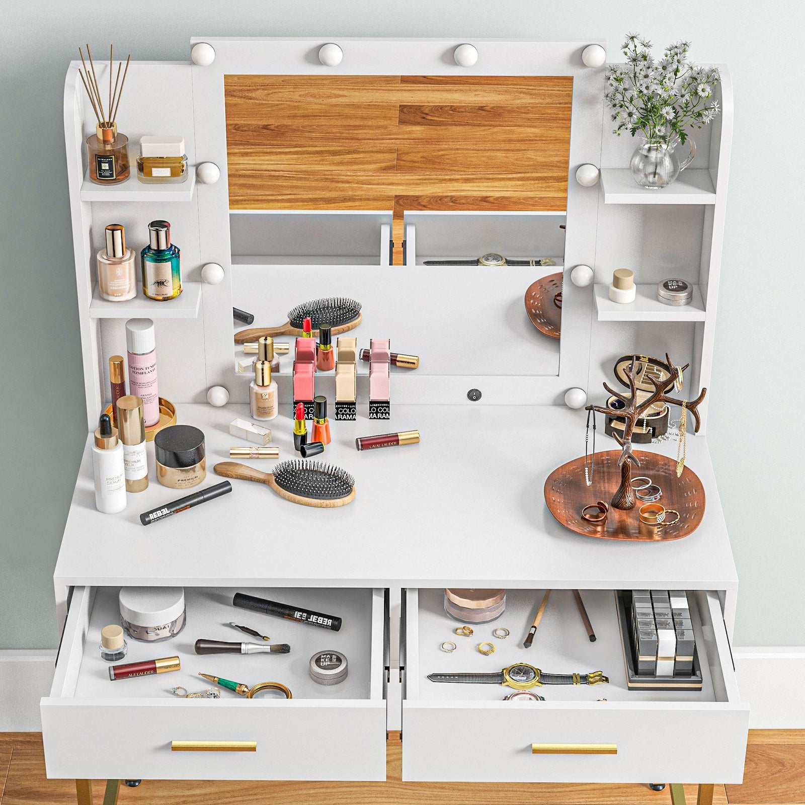 homcom dressing table with lighted mirror cushioned stool drawers shelves led makeup vanity desk set modern dresser vanity table for bedroom white