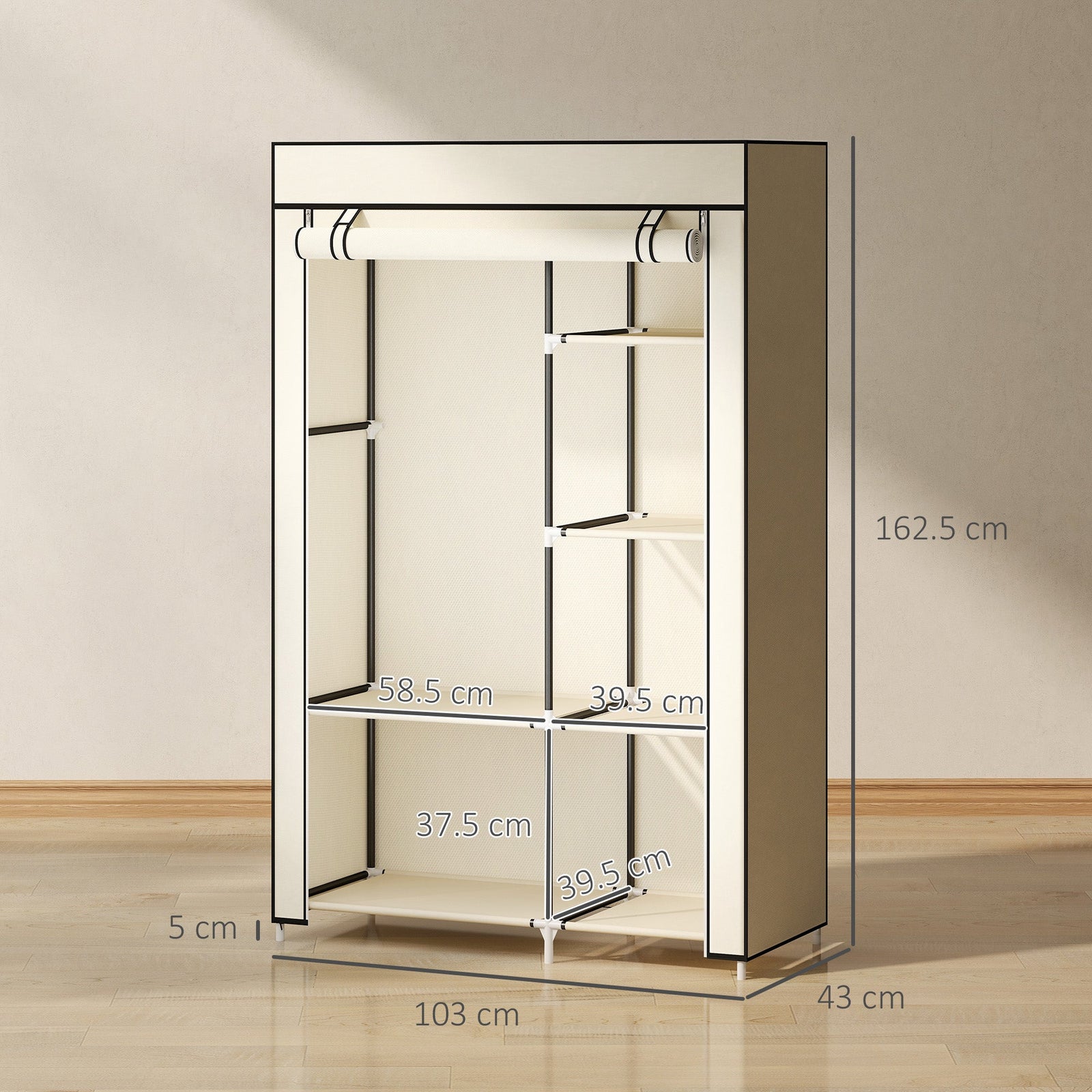 homcom fabric wardrobe portable wardrobe with 6 shelves 1 hanging rail foldable closets 103 x 43 x 162 5 cm cream white