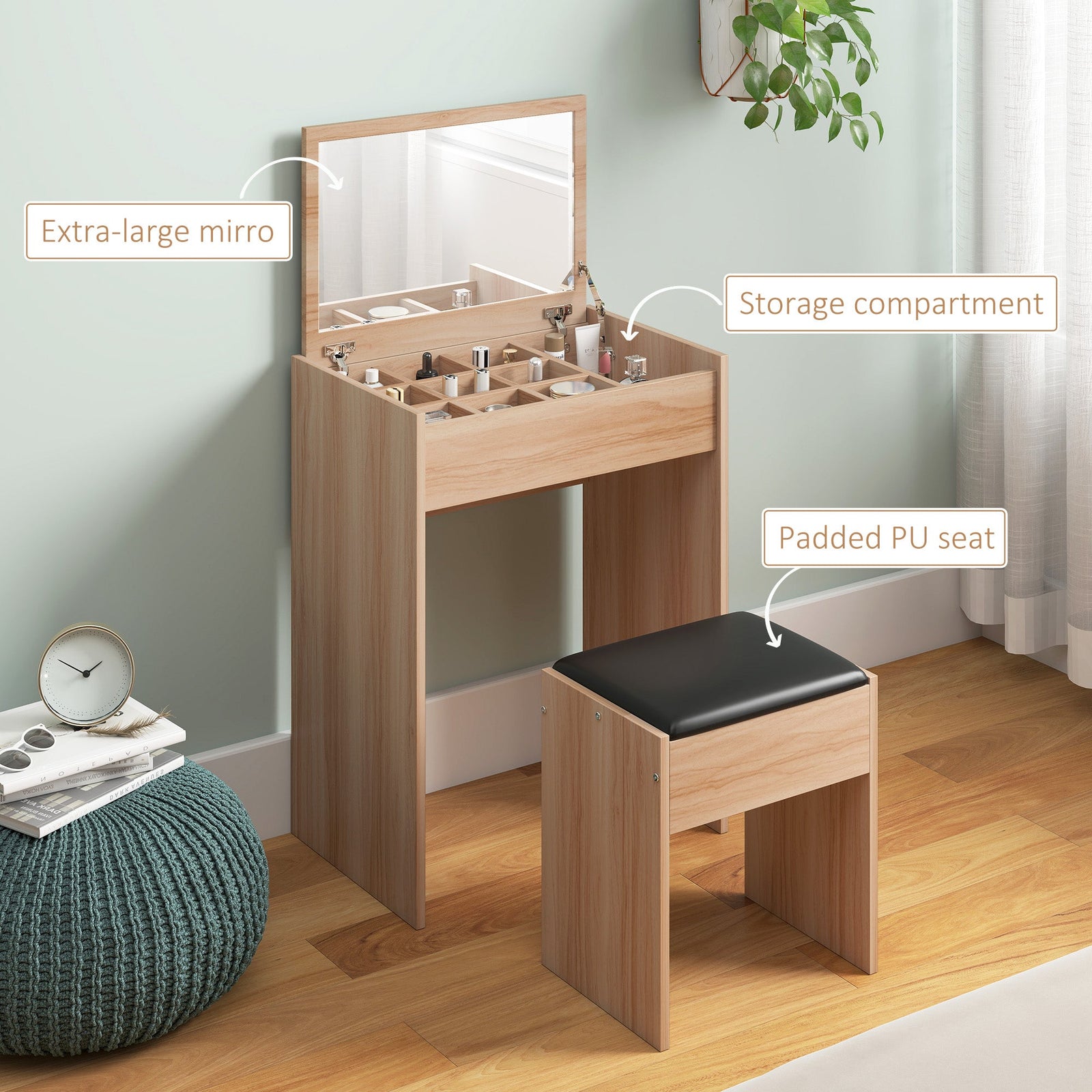 homcom dressing table with mirror and stool vanity makeup table with flip up mirror vanity desk with storage unit and padded seat wood