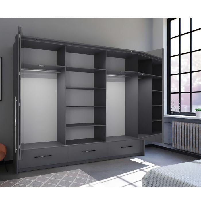 LINDSEY 4 door graphite wardrobe with open doors, shelves, hanging rails and three drawers