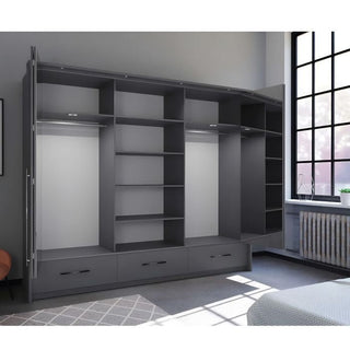LINDSEY 4 door graphite wardrobe with open doors, shelves, hanging rails and three drawers