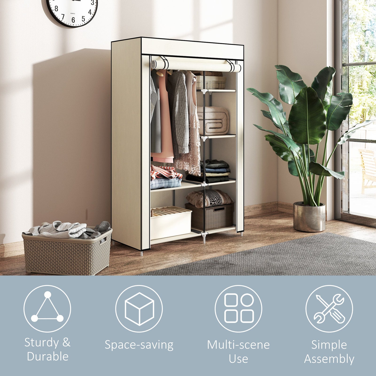 homcom fabric wardrobe portable wardrobe with 6 shelves 1 hanging rail foldable closets 103 x 43 x 162 5 cm cream white