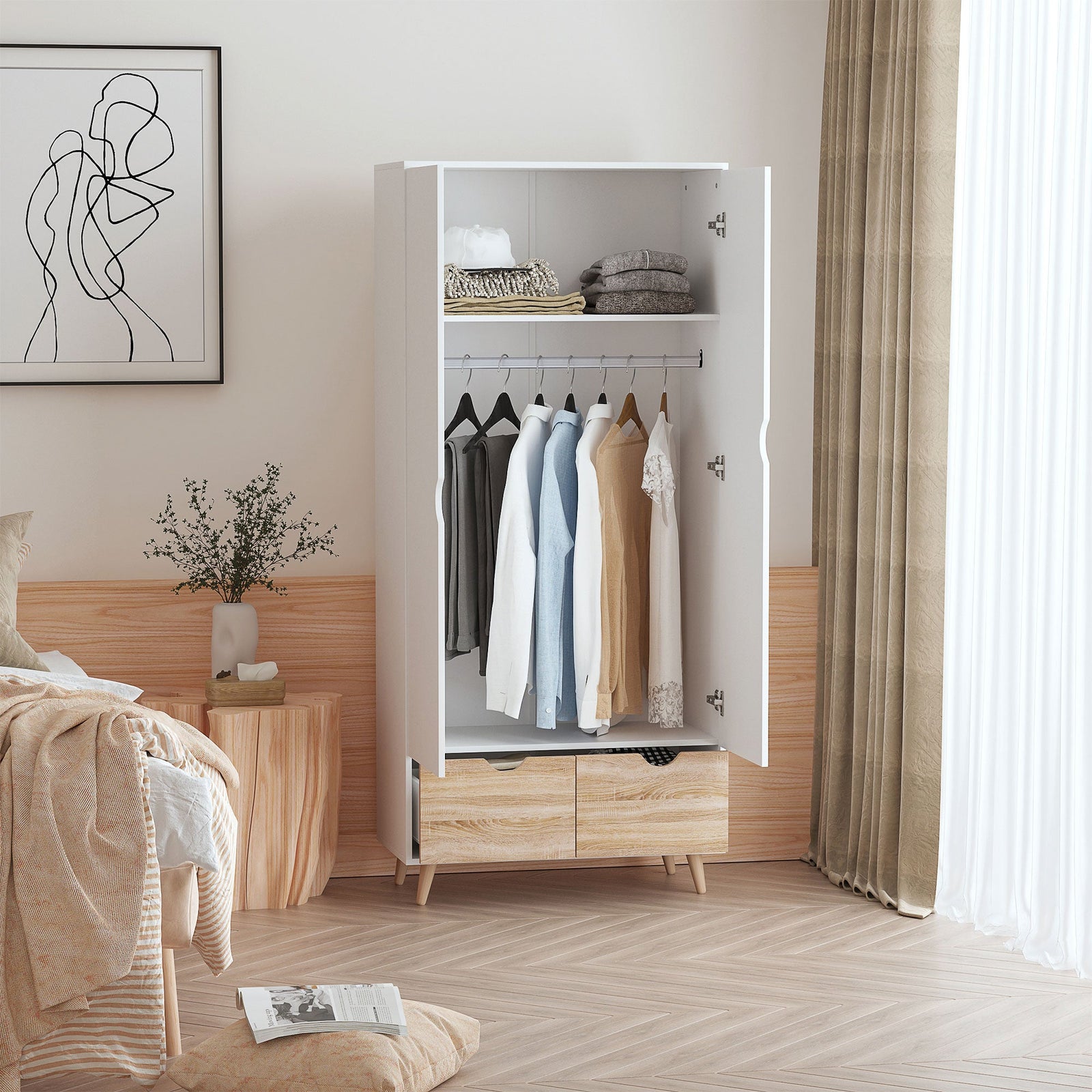 homcom 2 door clothes wardrobe w rail shelf 2 drawers wood feet elegant home storage organisation furniture white