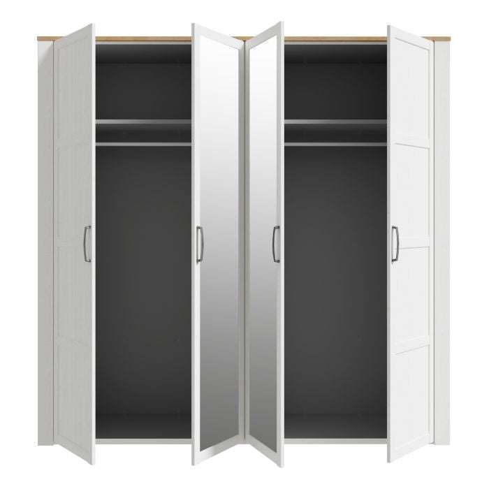 BUENOS 4 door wardrobe in Riviera Oak and White, with two mirrored central doors, open view