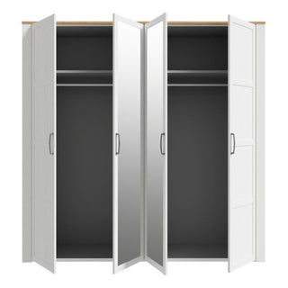 BUENOS 4 door wardrobe in Riviera Oak and White, with two mirrored central doors, open view