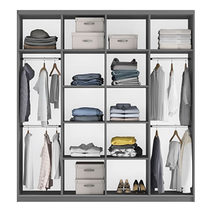 Interior view of a 2-door wardrobe showing organised hanging clothes and folded items on shelves.