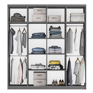 Interior view of a 2-door wardrobe showing organised hanging clothes and folded items on shelves.