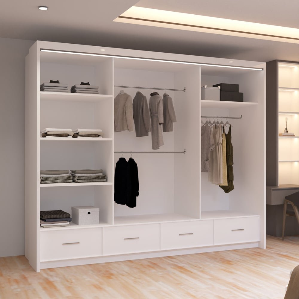 White high gloss wardrobe with shelves, hanging rails and drawers visible inside.