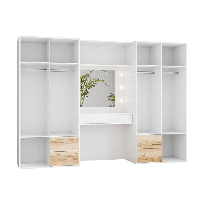 White 6-door wardrobe with central mirrored vanity and drawers