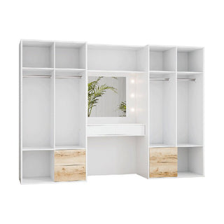 White 6-door wardrobe with central mirrored vanity and drawers