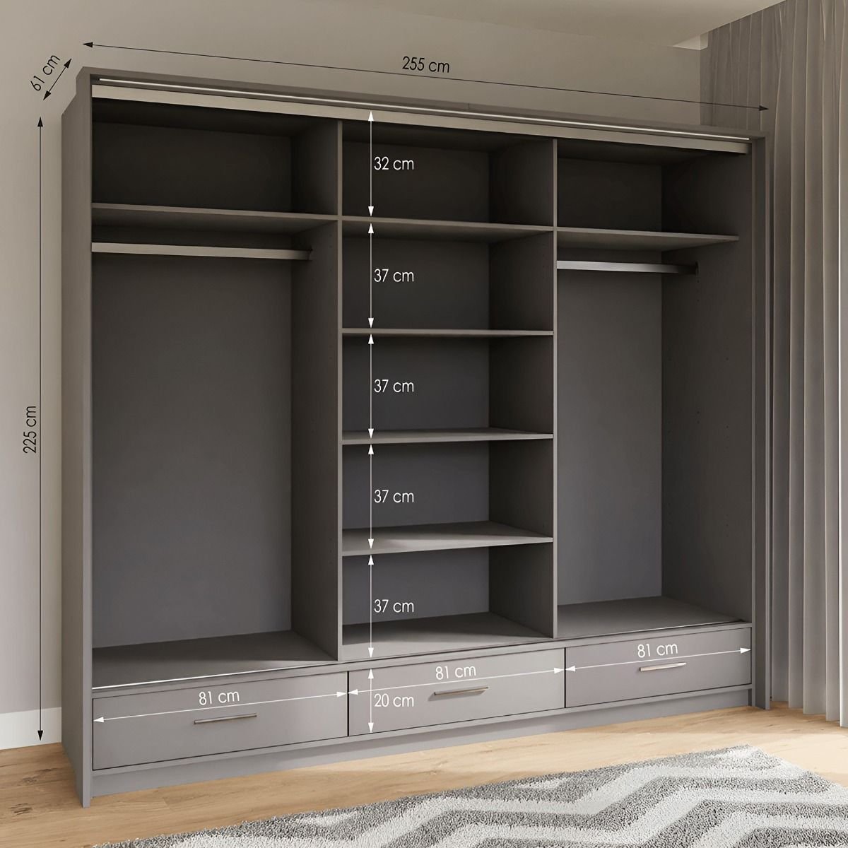 255cm grey sliding wardrobe with mirrored door, internal shelves and 3 drawers.