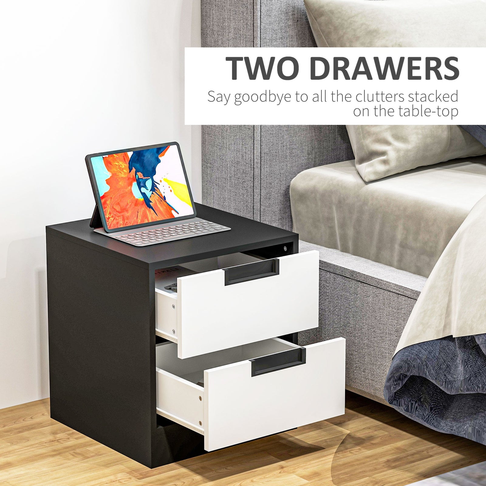 homcom bedroom furniture set wardrobe with hanging rod 4 drawer chest of drawers 2 bedside tables with storage white and black