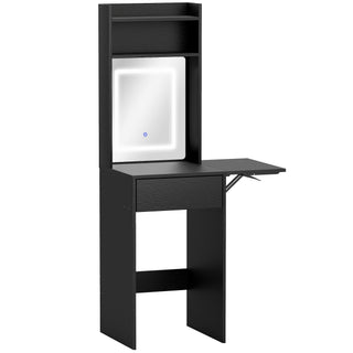 homcom small vanity desk with mirror and led lights compact dressing table with drop leaf open shelves and drawer black
