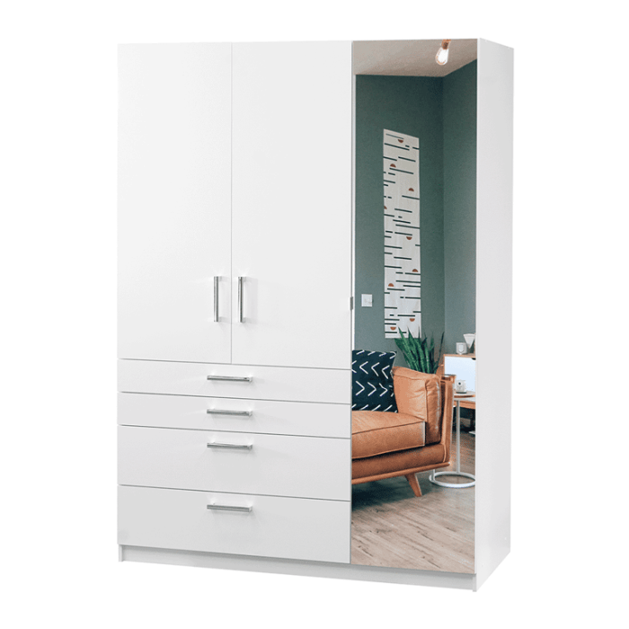 White 3 door wardrobe with one mirrored door