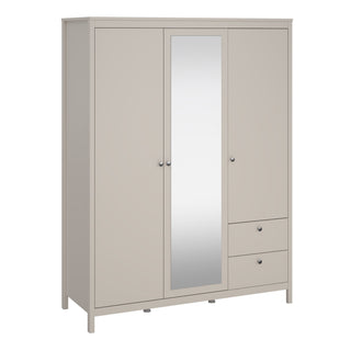Beige 3-door wardrobe with 2 drawers and a mirrored central door