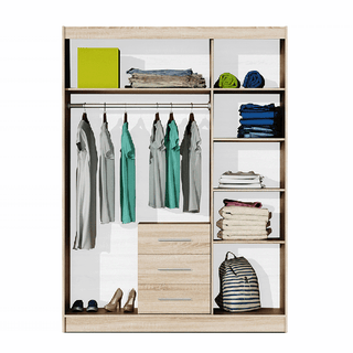 BARNSLEY wardrobe with hanging clothes, folded items on shelves, and 3 drawers