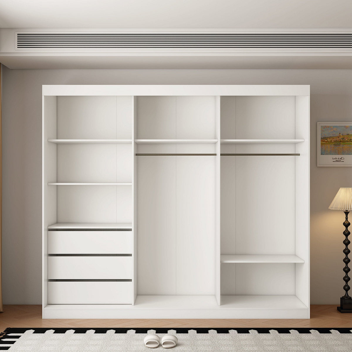White 250cm 3 door sliding wardrobe with full mirrored doors and open internal storage.