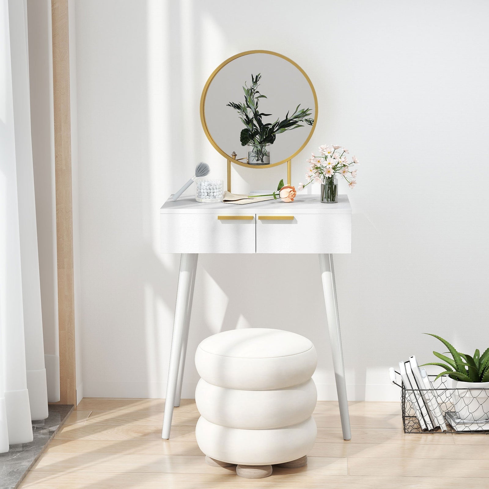 homcom elegant dressing table with round mirror 60 x 40 x 123 cm white