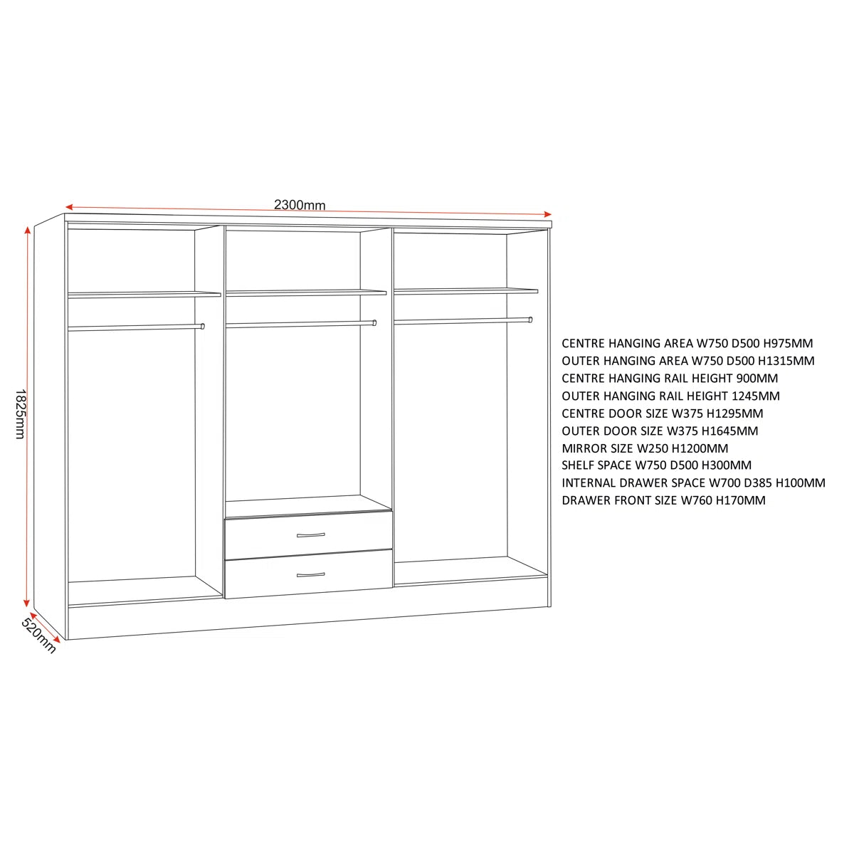 CHOICEWARDROBE Modara 6-door wardrobe technical drawing with mirrored doors and 2 drawers: 2300mm W x 1825mm H x 520mm D
