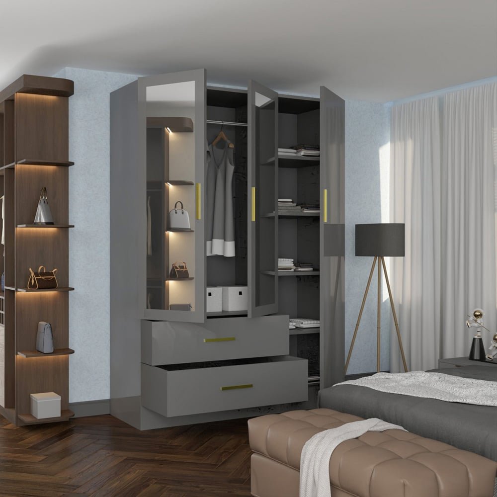 XD2 Grey High Gloss 3 Door Wardrobe with mirrored doors and gold handles, showing two drawers.