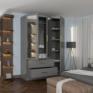 XD2 Grey High Gloss 3 Door 2 Drawer Gold Handle Mirrored Wardrobe 116cm