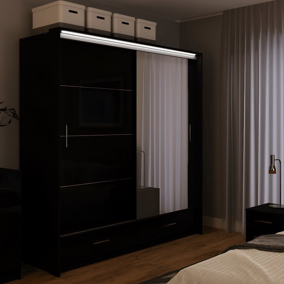 WARRINGTON 2-door black high gloss sliding wardrobe with mirrored door and LED lighting
