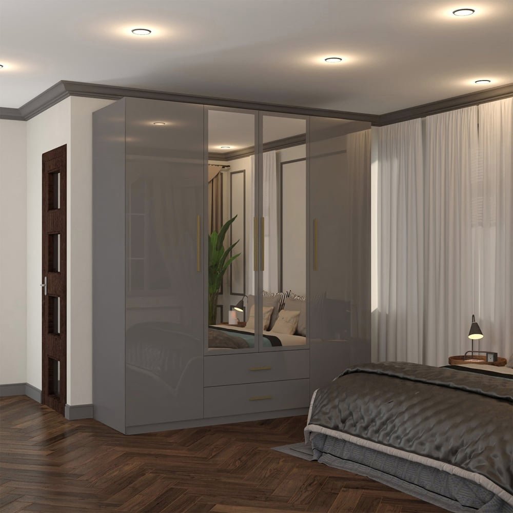 XD1 grey high gloss 4 door wardrobe with mirrored panels and 2 gold handle drawers.