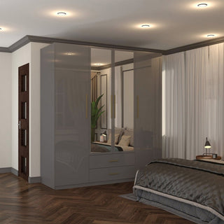 XD1 Grey High Gloss 4 Door 2 Drawer Gold Handle Mirrored Wardrobe 160cm