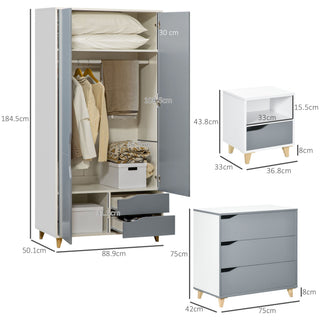 homcom bedroom furniture set wardrobe with hanging rail 3 drawer chest of drawers bedside table with drawer grey and white