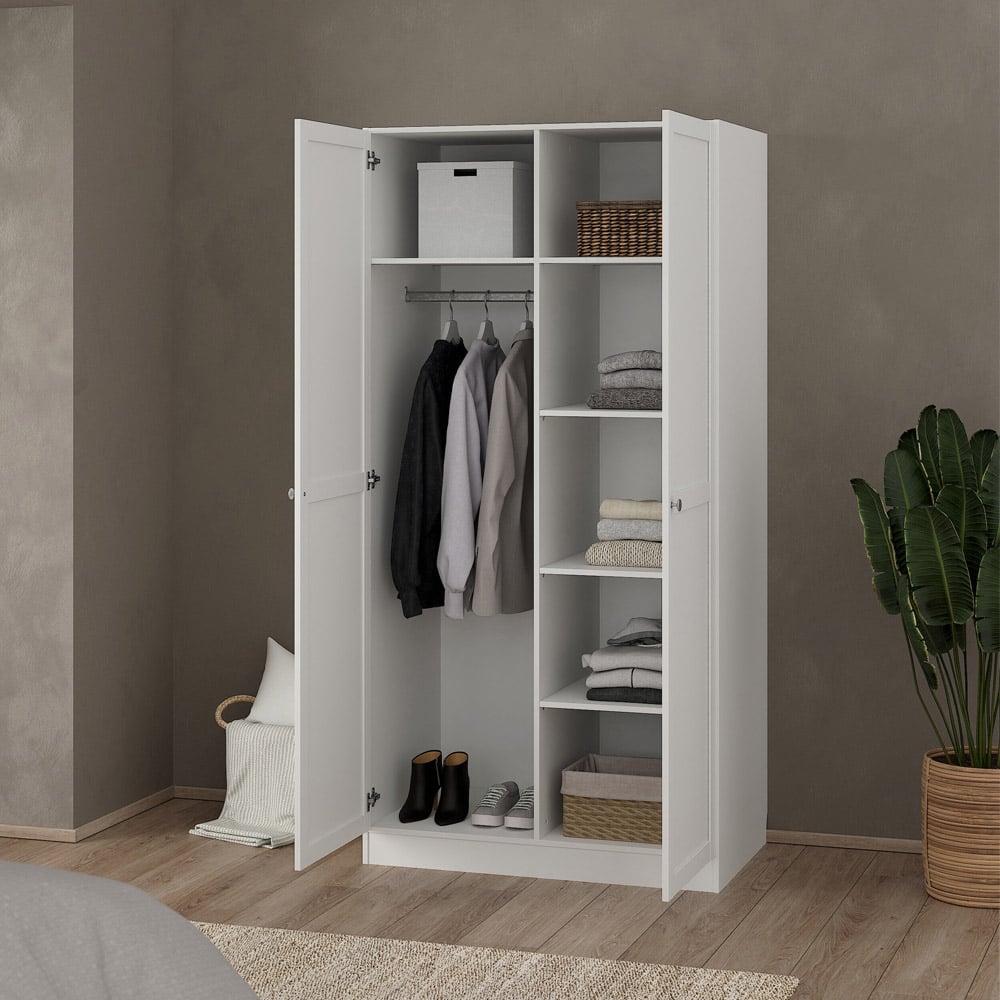 Florence Brande 2 Door White Wardrobe open showing hanging rail and shelves