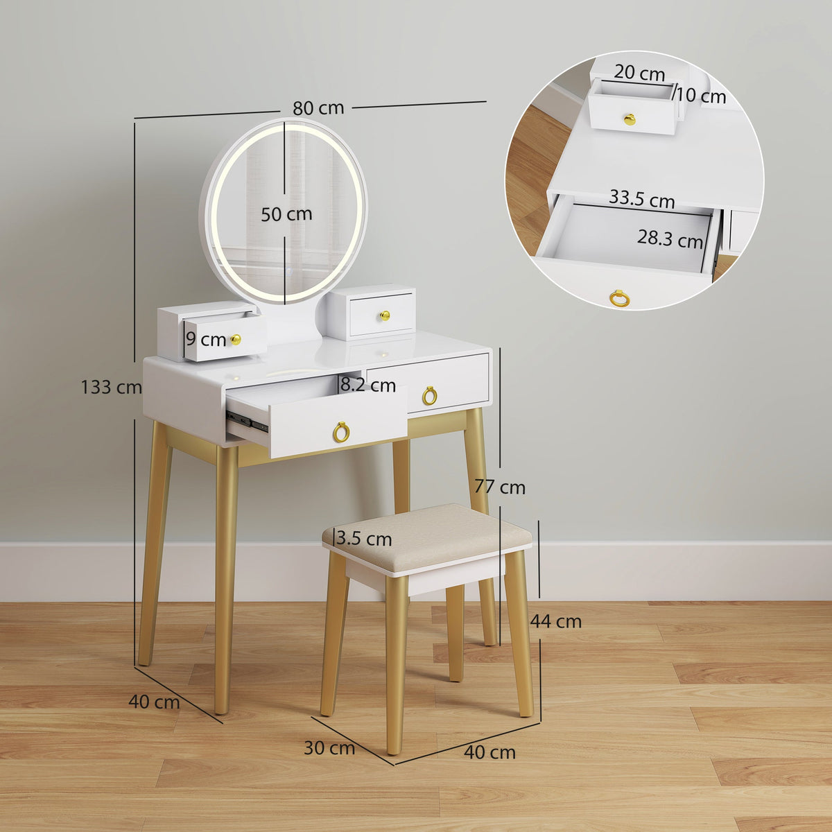 homcom dressing table set with mirror built in 3 color led light vanity makeup table with 4 drawers and cushioned stool for bedroom white