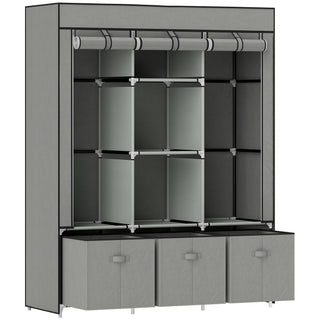 homcom foldable fabric wardrobe for bedroom portable wardrobe with 5 shelves 2 hanging rails and 3 fabric drawers light grey