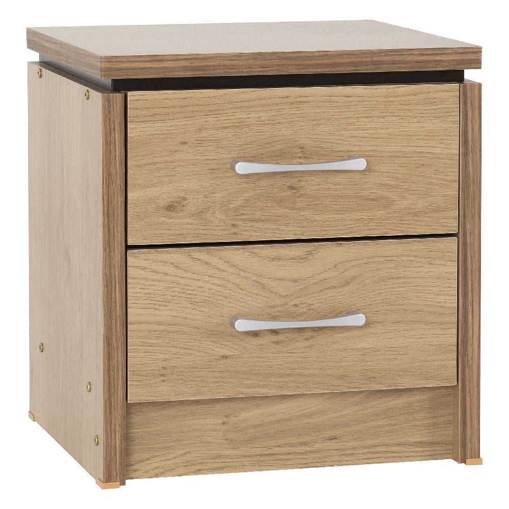 Crieff 2-drawer wooden bedside cabinet in oak and walnut finish with silver handles.