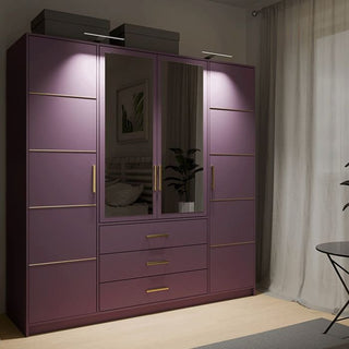 Plum 4 door wardrobe with mirrored centre doors and gold handles